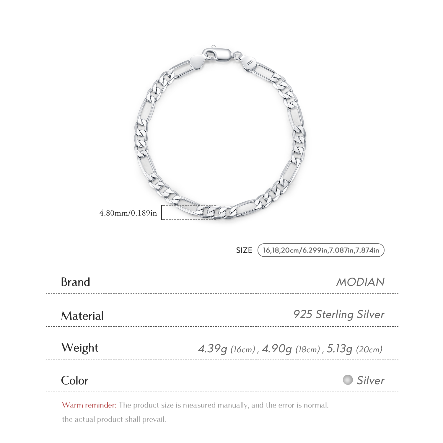 MODIAN 925 Sterling Silver 3 S - đánh giá và giá Men Accessories Chain And Bracelet